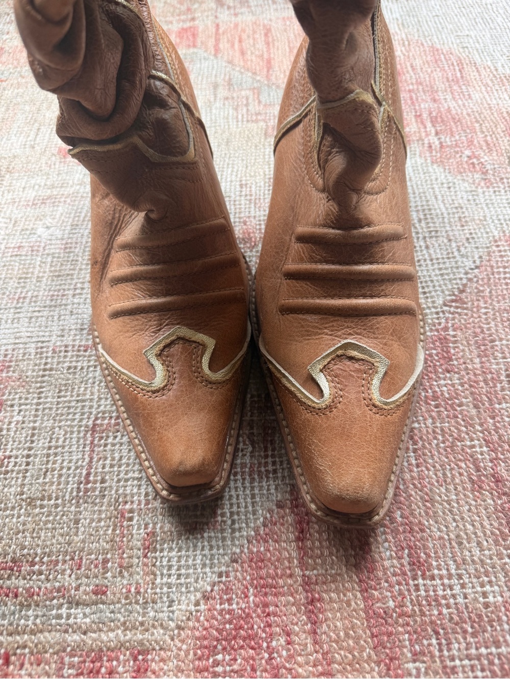 NaNa Brown Leather Western Ankle Boots with Cream Stitching